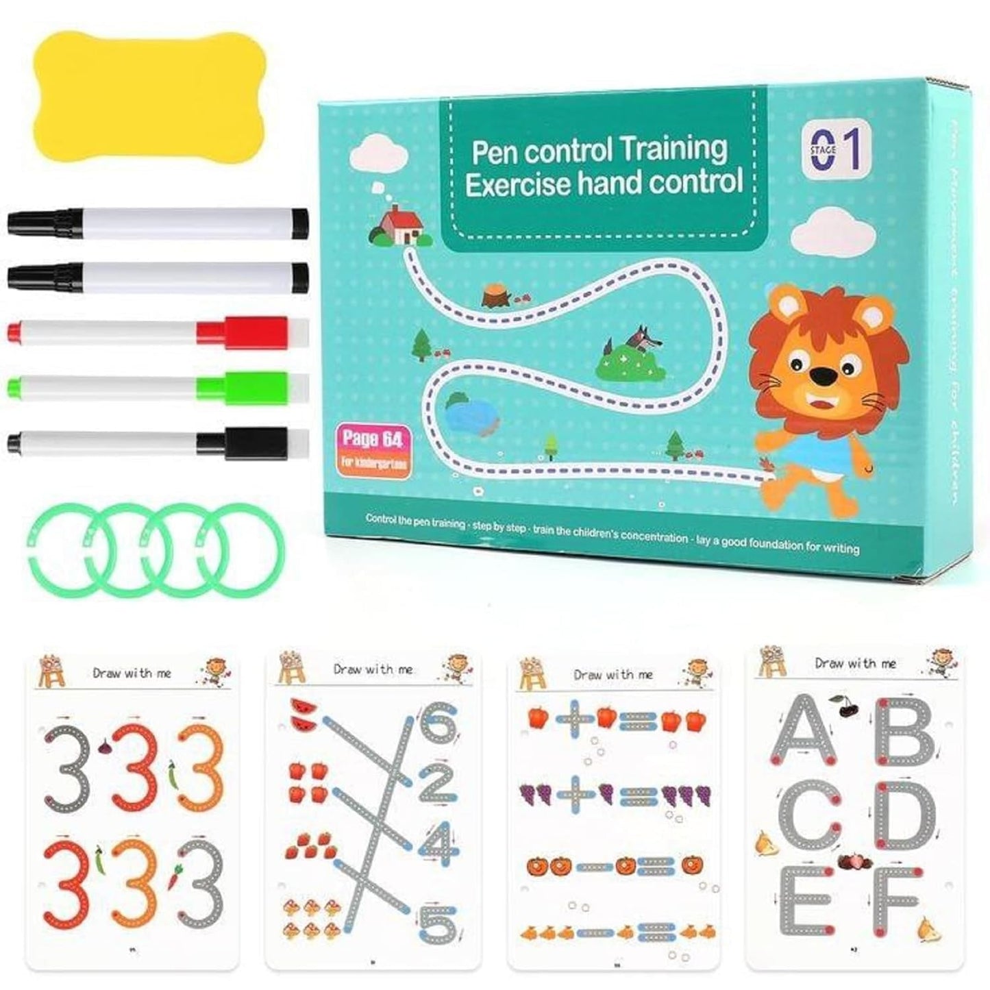 64 Pages Magical Tracing Workbook Set, Hand Writing Pen Control Training Book For Learning To Write The Alphabets & Numbers
