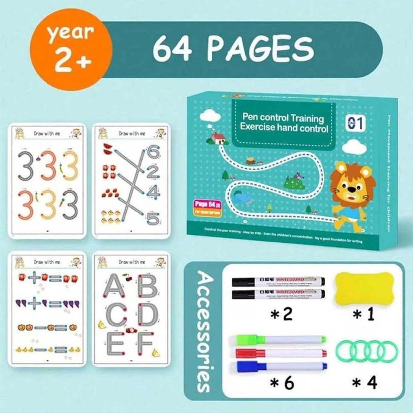 64 Pages Magical Tracing Workbook Set, Hand Writing Pen Control Training Book For Learning To Write The Alphabets & Numbers